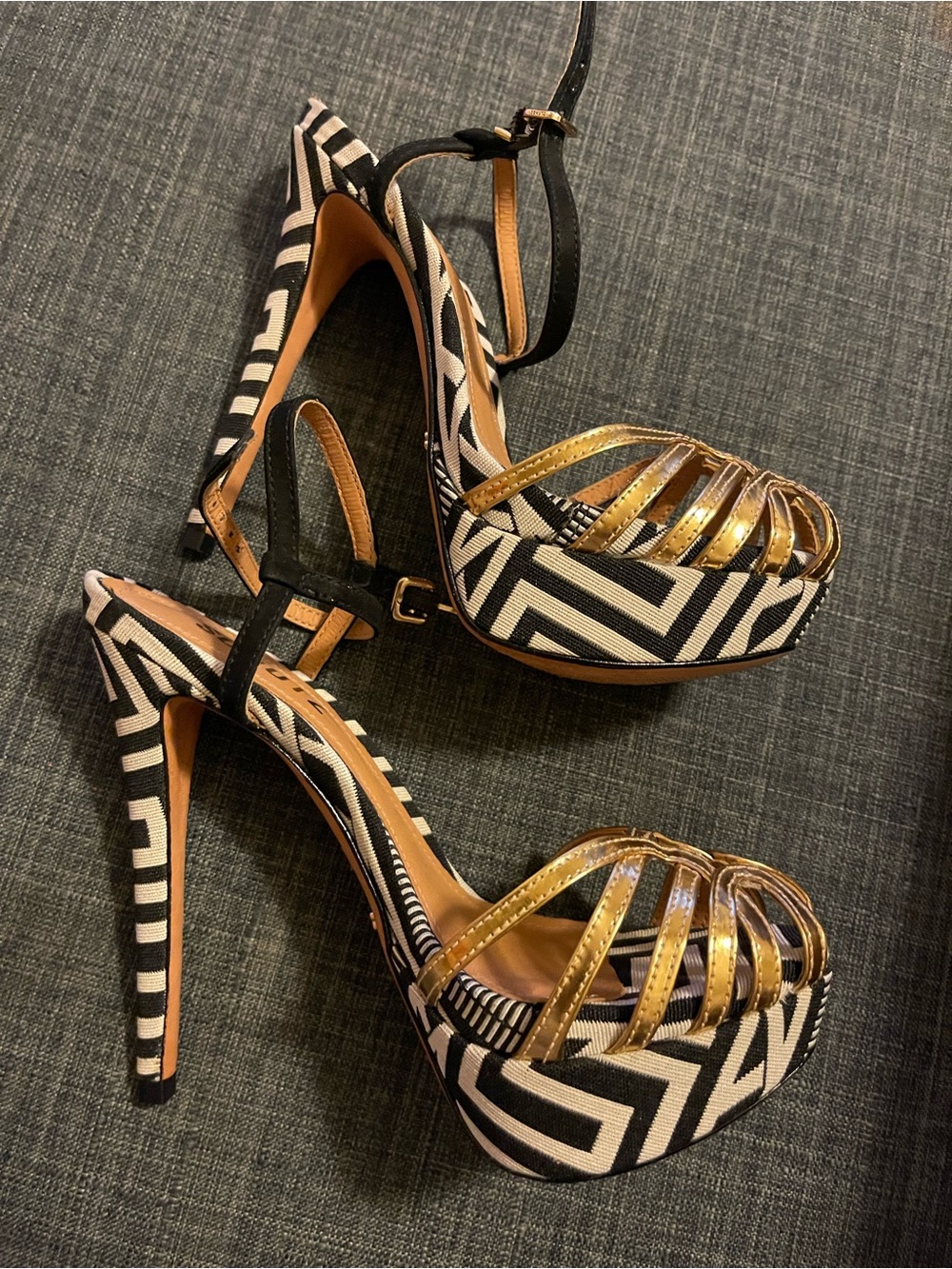 Schultz Gold Metallic and Black-White Geometric Platform Heels